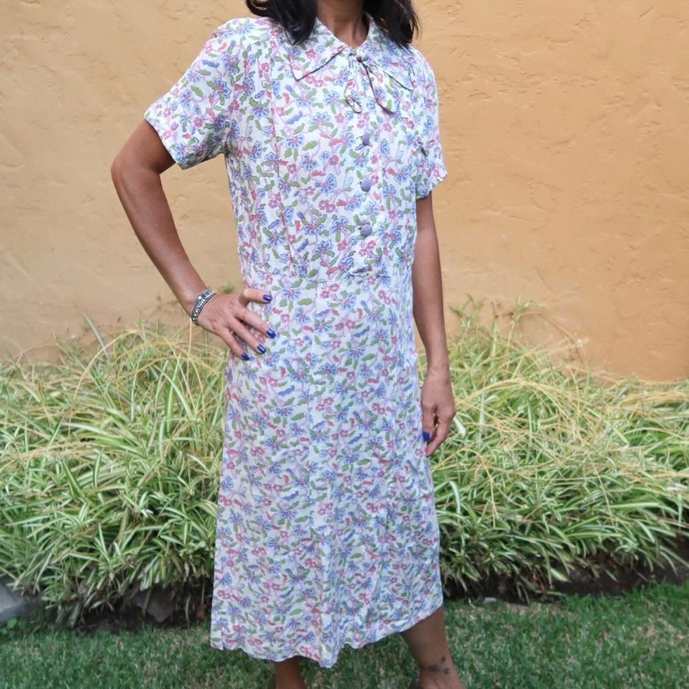 30s day dress vintage art deco floral novelty print tie bow collar cotton 1930s